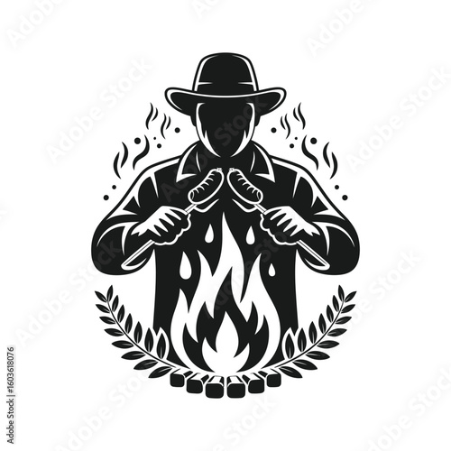 Cowboy grilling sausages over open flames barbecue fire