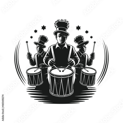 Drumming trio in formal attire with feathered hats marching band drummers