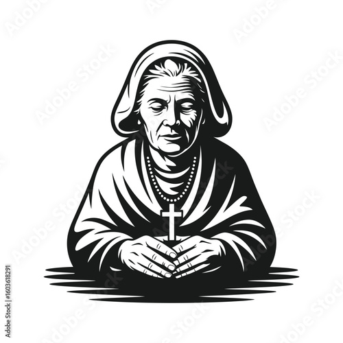 Elderly woman praying with rosary and cross religious