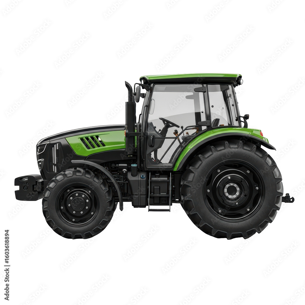 Naklejka premium A powerful green and black farm tractor, perfect for modern agricultural operations, field work, and heavy duty tasks.