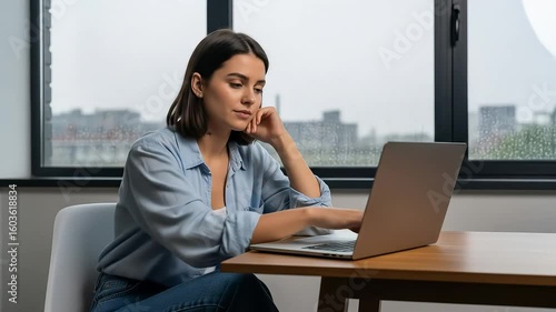 Woman Working on Laptop by Window on Rainy Day