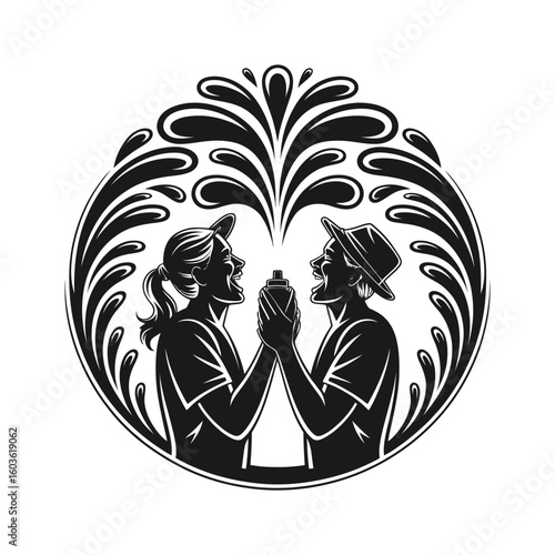 Joyful couple sharing a drink with water splashes vector