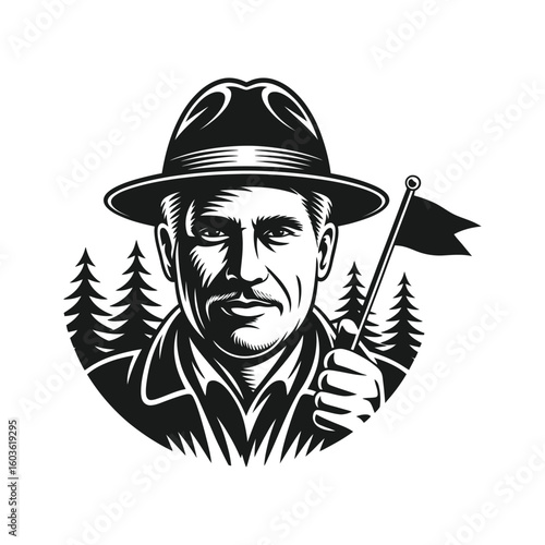 Man in hat holding flag with trees outdoors