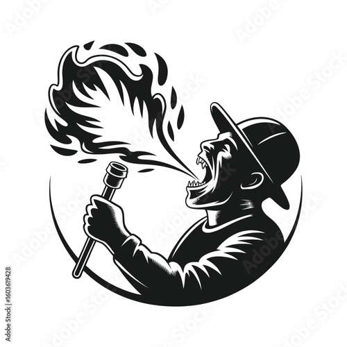 Man spitting fire from mouth with flames performance