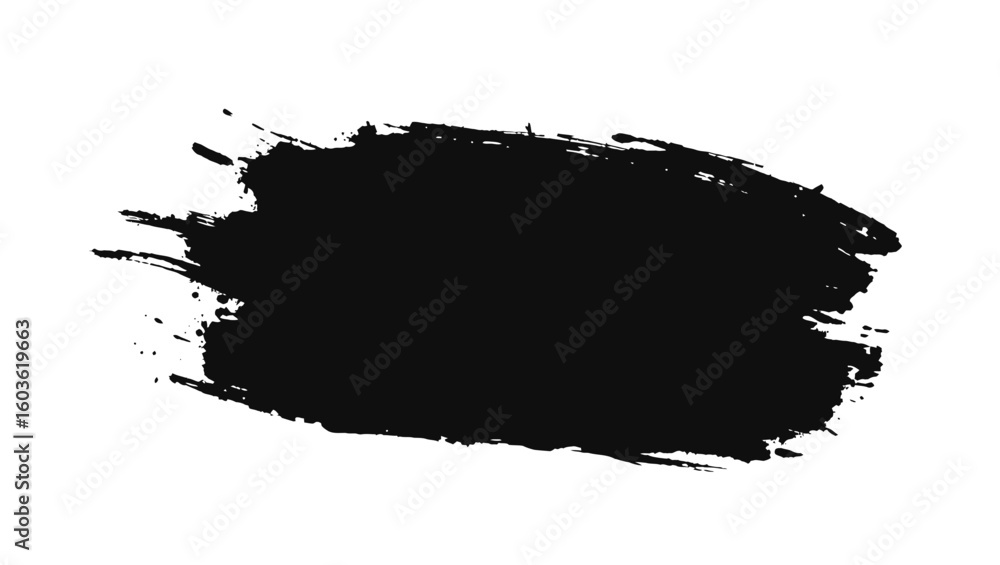 Fototapeta premium Textured black brush stroke with rough edges and splatters on white