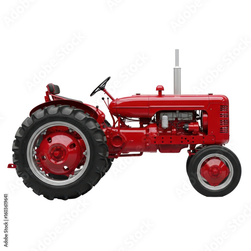 A vibrant red vintage farm tractor, viewed from the side, showcases classic agricultural machinery. Perfect for themes of farming, history, and rural life.