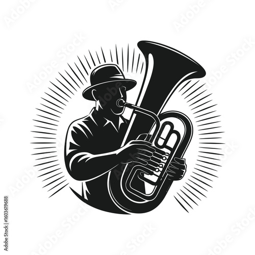 Musician playing tuba with radiating lines brass instrument
