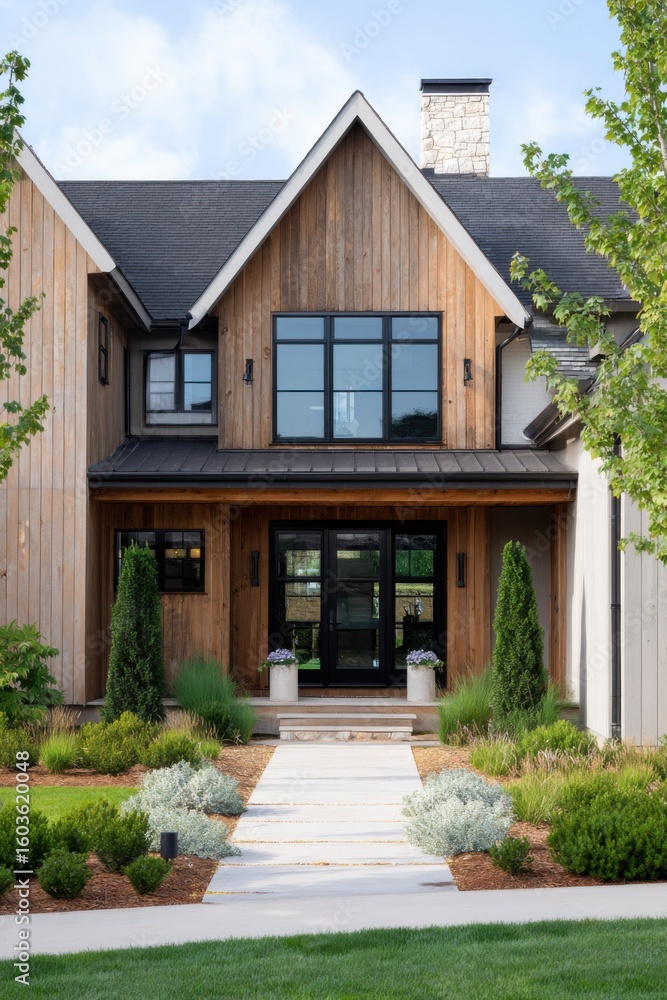Obraz premium A stunning modern house showcases its elegant exterior, featuring charming wooden accents and vibrant lush landscaping, all nestled in a peaceful neighborhood under the bright daylight