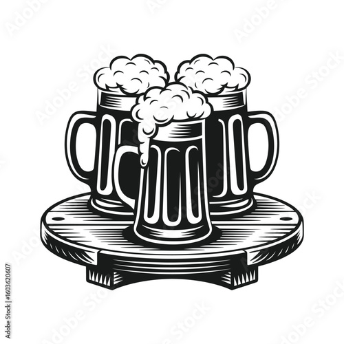 Three frothy beer mugs on a wooden stand beverage drink