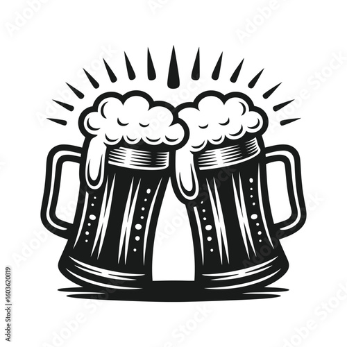 Two frothy beer mugs clinking together celebration