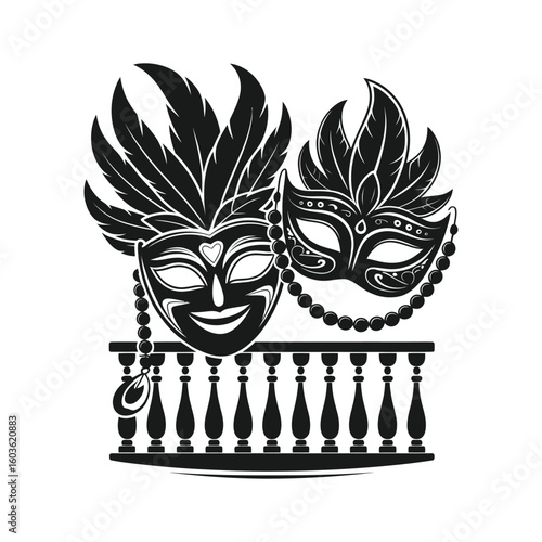 Venetian masquerade masks with feathers and beads on a railing Venetian masks