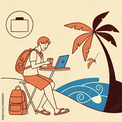Capturing the essence of remote work and travel an artistic depiction of a modern individual embracing a nomadic lifestyle, seamlessly blending work and leisure amidst a serene tropical beach setting.