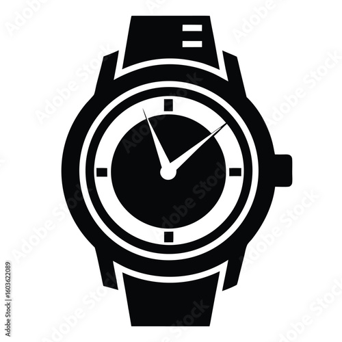 A minimalist black and white vector graphic of a classic wristwatch design