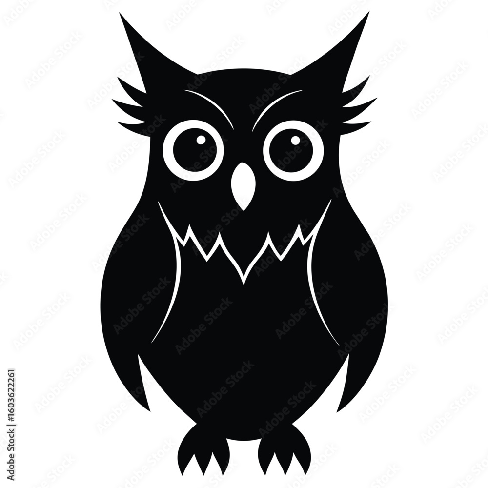 Fototapeta premium A stylized black owl with large eyes and a stern look facing forward