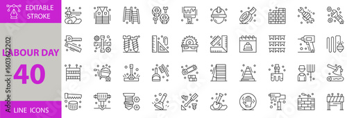 Labour Day icon set. Set of wrench, brickwall, measuring tape, helmet, brush, nuts, ladder, pickaxe, jacket, brick wall, barrier, drill, pitchfork, plunger, screwdriver, spade, clean, paint rolle icon
