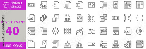 Development icon set. Set of keyboard, list, text, scroll bar, arrow, document, file, image, dise, program, drop down, calendar, bullet, control, warning, cricle, write, address icons.