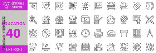 Education icon set. Set of school bus, tennis, bag, clock, eraser, book, newton, compass, globe, mobile, education, alarm, monitor, location, teacher, student, desk, printer, library, pencil icons.