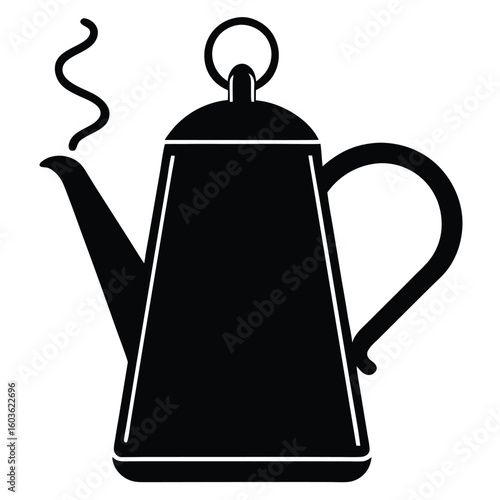 A black silhouette of a tall sleek teapot with steam rising