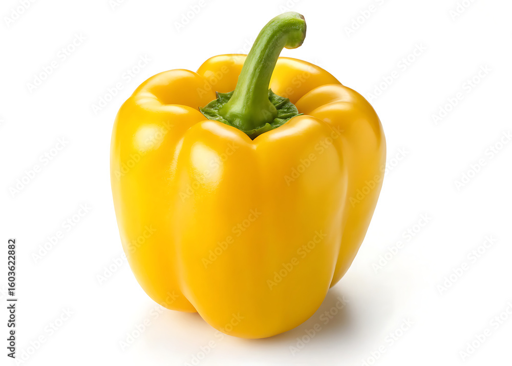 A single yellow bell pepper with a green stem isolated on a white background in a studio shot