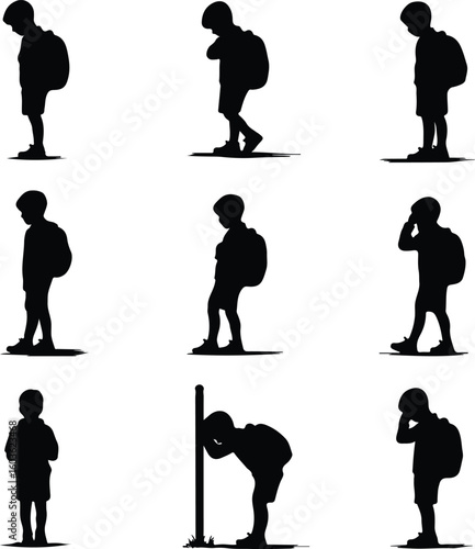 Boy with Backpack Waiting for School Bus – Silhouette Vector Icon Set Student at Bus Stop – Black Silhouette Design for School Commute