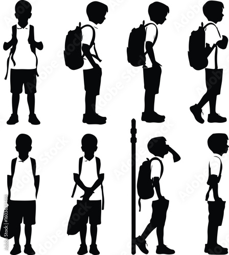 Boy with Backpack Waiting for School Bus – Silhouette Vector Icon Set Student at Bus Stop – Black Silhouette Design for School Commute