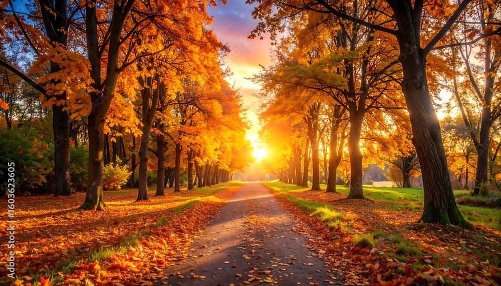 Naklejka premium Autumnal park pathway at sunset