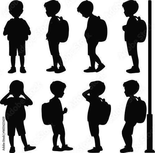 Boy with Backpack Waiting for School Bus – Silhouette Vector Icon Set Student at Bus Stop – Black Silhouette Design for School Commute