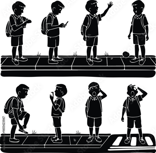 Boy with Backpack Waiting for School Bus – Silhouette Vector Icon Set Student at Bus Stop – Black Silhouette Design for School Commute