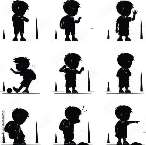 Boy with Backpack Waiting for School Bus – Silhouette Vector Icon Set Student at Bus Stop – Black Silhouette Design for School Commute