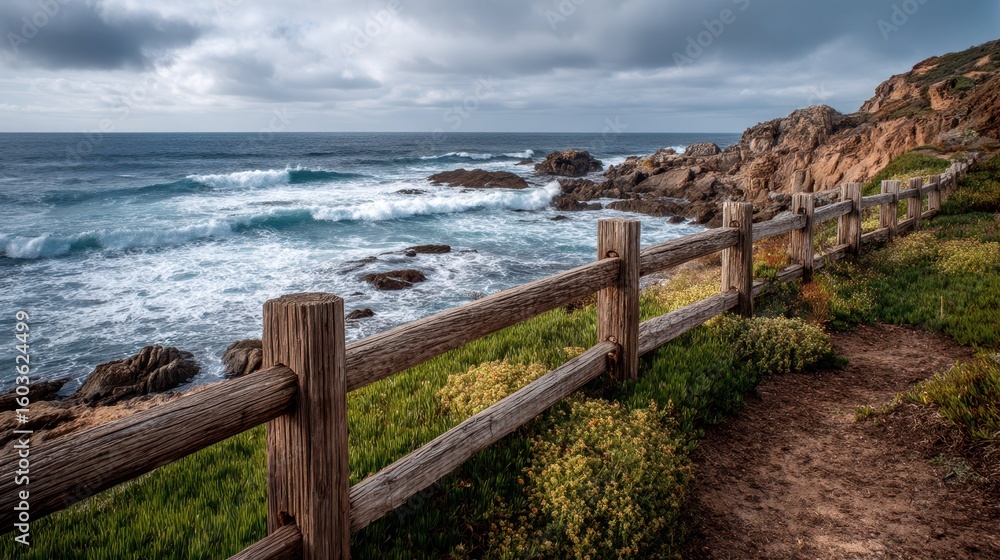 Fototapeta premium Coastal Fence Overlooking Crashing Waves at Scenic Shoreline