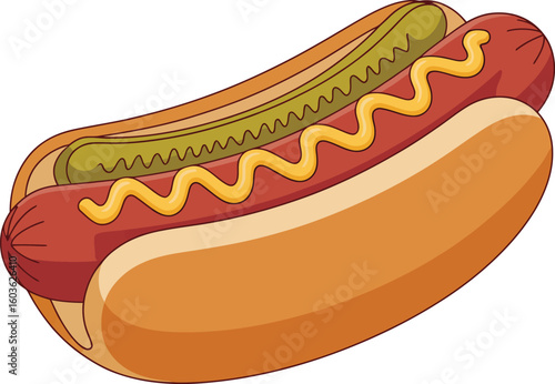 Delicious hot dog with mustard and pickles in a bun