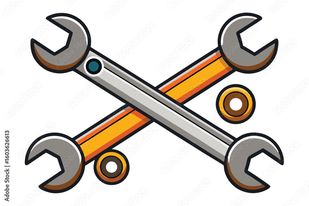 Fototapeta premium Crossed Wrenches Cartoon Illustration Symbolizing Repair Work Tools and Mechanical Maintenance With Two Round Parts