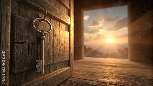 Vintage key in rustic wooden door with golden sunrise in the background