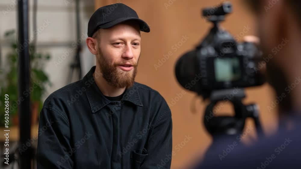 A thoughtful man with a beard and cap sits for an interview, conveying a sense of introspection and authenticity, making the viewer curious about his story and experiences. A thoughtful man with a beard and cap sits for an interview, conveying a sense of introspection and authenticity, making the viewer curious about his story and experiences.