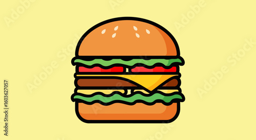 Delicious, Colorful, Illustrated Hamburger with Fresh Ingredients and Sesame Seeds