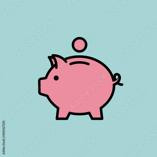 Pink Piggy Bank with Coin, Black Outline, Savings Concept Illustration