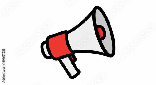 Red and White Megaphone Icon with Bold Black Outline and Design