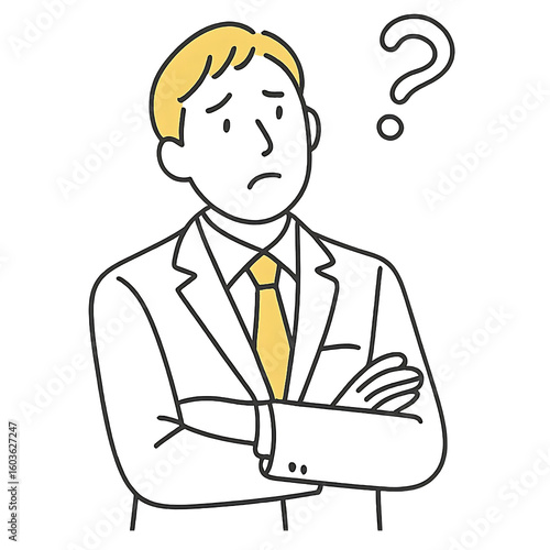 悩みを抱えるスーツ男性の線画イラスト