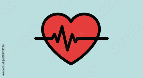 Red Heart Icon with Black Outline and Heartbeat Line Graphic