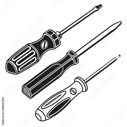 Illustration of Three Screwdrivers with Different Handle Styles for Various Home Repair and Carpentry Projects and Tasks Requiring Manual Screwdriving