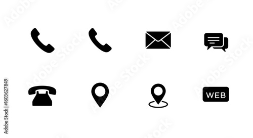Collection of essential contact information icons in minimalist black design