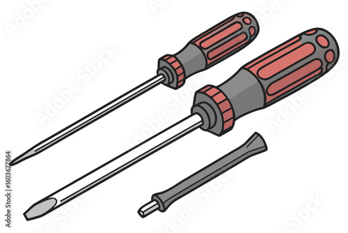 Hand Tools Illustration Featuring Two Screwdrivers and a Chisel with Gray and Red Handles, all with Black Outlines