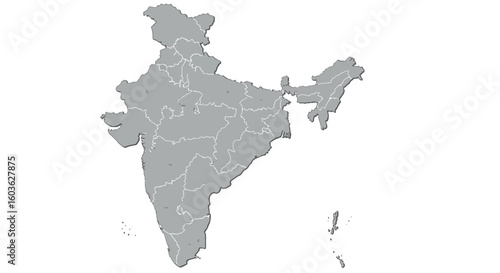 Detailed gray map of India with state borders on an isolated white background