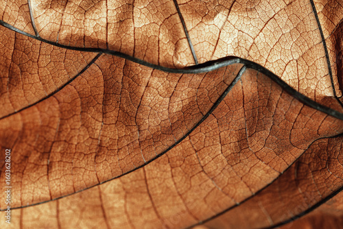 Autumn Dried leaf closeup at sunlight, macro trend, brown leaf as nature background. Fall aesthetic backdrop with natural veins texture of foliage, warm monochrome autumnal color, low depth of field
