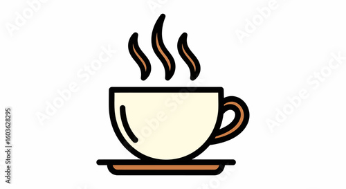 Steaming Coffee Cup Icon: Beige Mug with Brown Trim and Saucer
