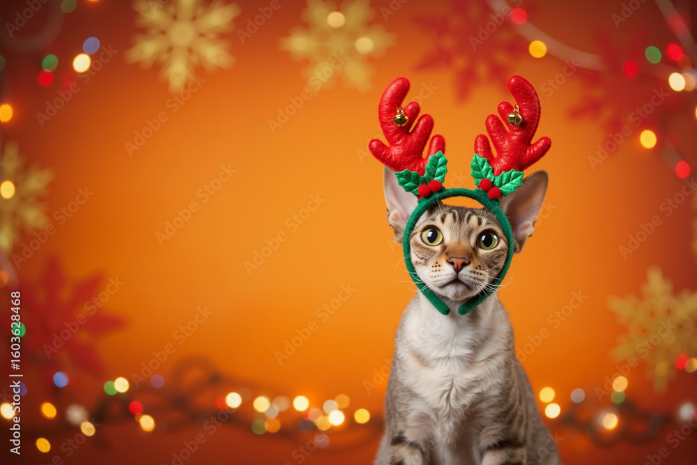 Fototapeta premium Devon Rex cat wearing red reindeer antlers on an orange background. Cat with big ears in a Christmas costume. Holiday concept with copy space for a greeting card.