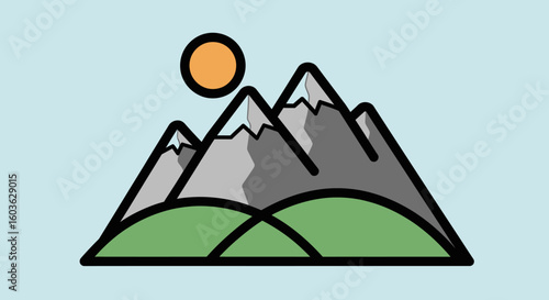 Stylized Mountain Range with Green Hills and a Bright Orange Sun Illustration