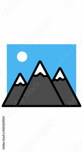 Stylized Mountain Range with Snow-Capped Peaks and a Pale Moon in a Light Blue Sky