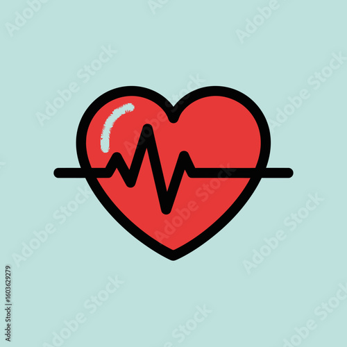 Stylized Red Heart with Black Outline and Heartbeat Line Illustration