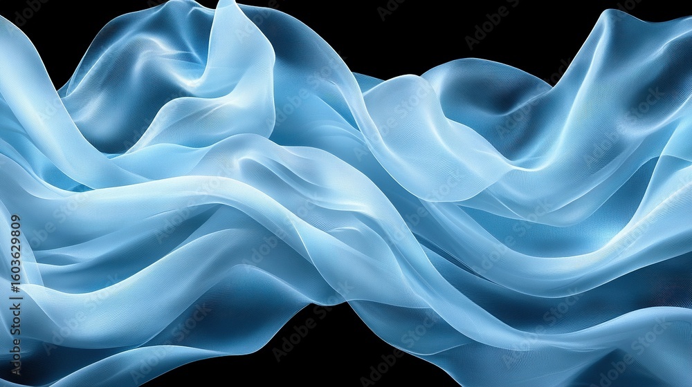 Fototapeta premium Light blue flowing fabric design against a black background.